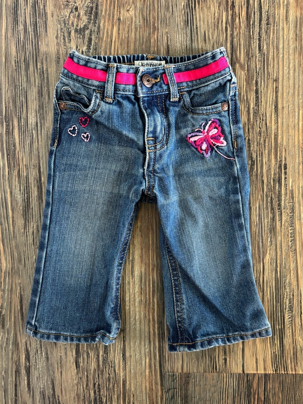 OshKosh B’gosh Blue Denim Jeans 6 Months Pink Ribbon Waist Embroidered Butterfly